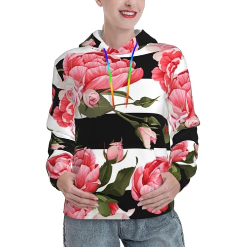 Sweat à capuche floral et rayé noir et blanc pour femme avec poche