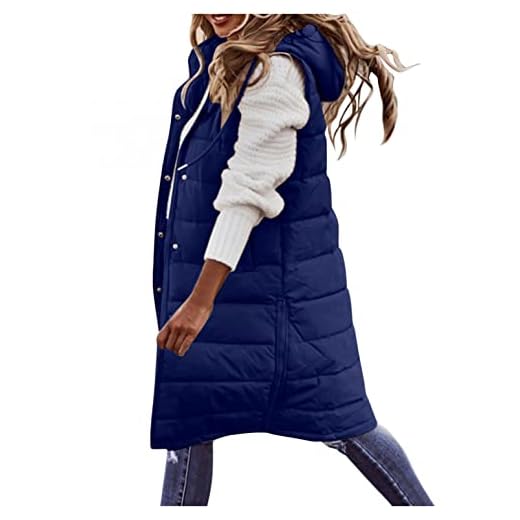 Quiltad väst dam lång ärmlös dunväst lång dam vinterjacka kappa med huva dunrock lätt dunväst huvtröja jacka väst ärmlös lång väst utomhus puffer väst dunjacka, marinblå, S