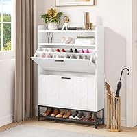 YITAHOME Shoe Storage Cabinet, Wooden Shoe Cabinet with 2 Flip Drawers Floorstanding Shoes Cupboard with Open Shelves and Metal Legs, Shoes Rack for Living Room Entryway Hallway, 24x80x117cm