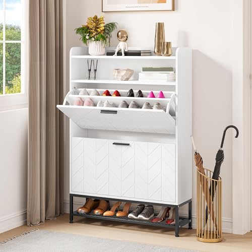 YITAHOME Armoire à Chaussures Autoportante avec 2 Tiroirs Rabattables, Rangement en Bois avec Étagère Ouverte pour Salon, Entrée, Couloir