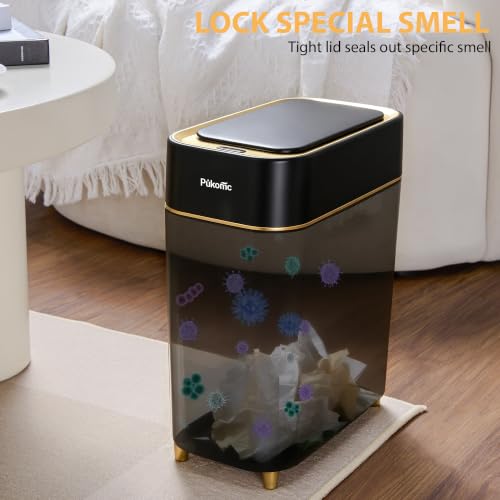 Image of Pukomc Motion Sensor Wastebasket,2.3 Gallon Bathroom Trash can with lid | Touchless Smart Plastic Slim Wastebasket,Quiet Close Waste Bin for Bathroom,Office,RV,Bedroom,Living Room