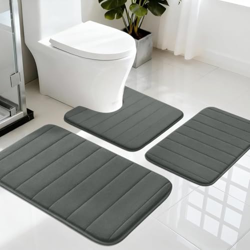 LUSCHEER Memory Foam Bath Mat Sets 3 Piece Bathroom Rugs with PVC Non Slip Backing Water Absorbent Soft Toilet Mat Machine Washable Shower Rug for Bathroom Floor Dark Grey
