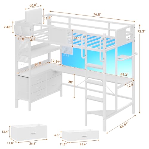 Image of Dnxao Loft Bed Twin Size with L-Shaped Desk, Heavy-Duty Metal Twin Loft Bed with 5 Storage Drawers, LED Lights & Charging Station, Reinforced Stable Structure for Small Room Dorm Apartment, White