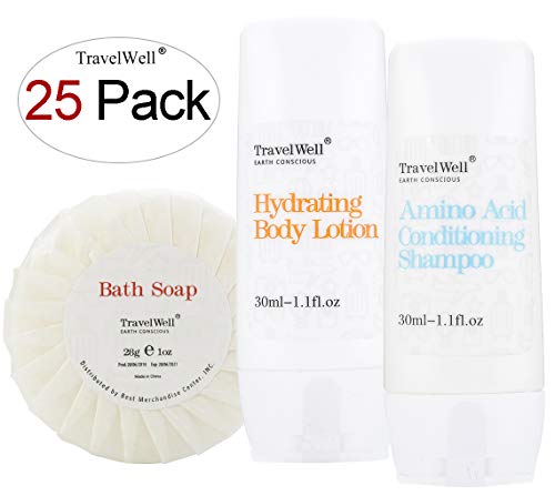 TRAVELWELL Individually Wrapped 30ml Shampoo & Conditioner 2 in 1, 25 Bottles + 30ml Body Lotion, 25 Bottles + Round Tissue Pleated 28g Cleaning Travel Soap In Bulk, 25 Bars