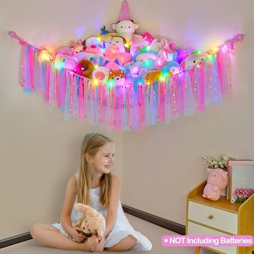 Image of FIOBEE Stuffed Animals Net LED Light Toy Hammock for Kids Bedroom Storage