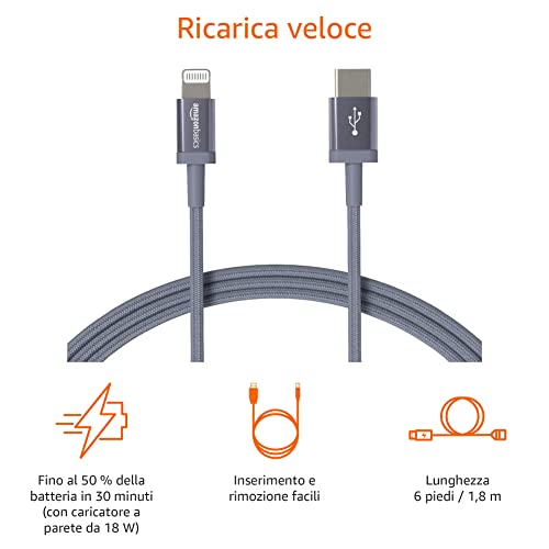 Amazon Basics Cavo di ricarica USB-C a Lightning, certificato MFi, in nylon intrecciato, per iPhone 13/12/11/X/XS/XR/8, 1.8 m, Grigio scuro - Immagine 3