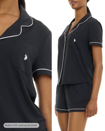 Image of U.S. POLO ASSN. Summer Pajamas for Women Set - Short Sleeve Button Up Top and PJ Shorts - Bridesmaid Lounge Sets for Women