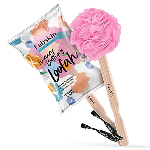 Image of FABSKIN Luxury Back Bathing Loofah With Wooden Handle for Men and Women | Pack of 1 | Loofah For Back Bathing with handle | Back Bathing Loofah Brush | Back Scrubber for Bathing (Pink)