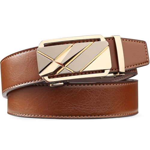 Image of Drowsmen Leather ratchet belt 1 3 /8 inch with Click Sliding Automatic Buckle, Adjustable belt Trim to Fit