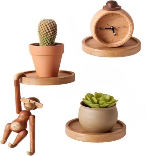 Image of UHUD CRAFTS Decorative Set of 3 Small Round Wooden Wall Shelves - Space-Saving Solid Wood Floating Shelves | Wooden Wall Mounted Plant Shelves for Home Decor