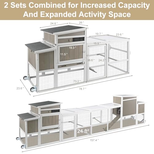 Ketive Wooden Chicken Coop Cage Outdoor Indoor Hen House with Nesting Box, Waterproof Roof, Removable Tray for Poultry Pets Enclosure Garden Backyard Grey (Grey, 157.4\" L x 23.6\" W x 38.6\" H)
