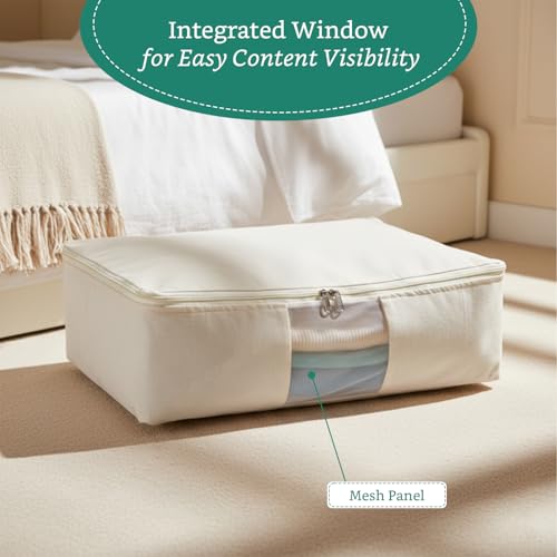 Image of Amazon Brand - Solimo Polycotton Cloth Storage Box with Mesh Window| Pack of 5 | Multi Purpose Storage | Beige