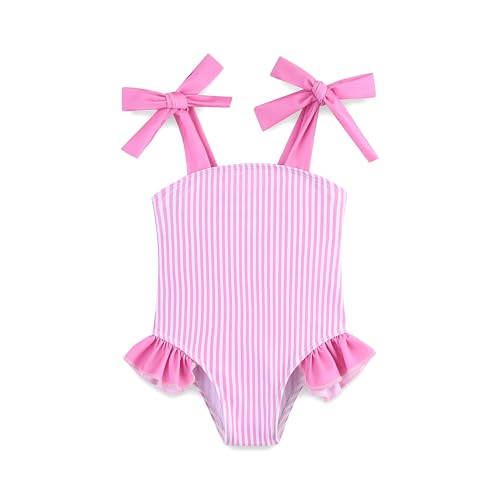 Bibimom Toddler Swimsuit Girl 12-18M Pink Stripe with Ruffles Infant One-Piece Bikini Swimsuits