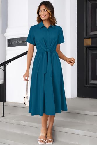 Image of Newshows Women's Work Business Casual Outfits Tie Waist Midi Shirt Dress | Lightweight & Breathable Easy-care Fabric, Side Pockets, Decent Professional Attire, Church Office Funeral Outfits