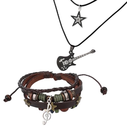 Mikovivi Fairy Grunge Halskette & Armband Set, Mehrschichtiges Leder Musik Geflochtenes Armband Y2K Stern & Gitarre Halskette Gothic Punk Rock Musik Schmuck Accessoires für Damen Herren