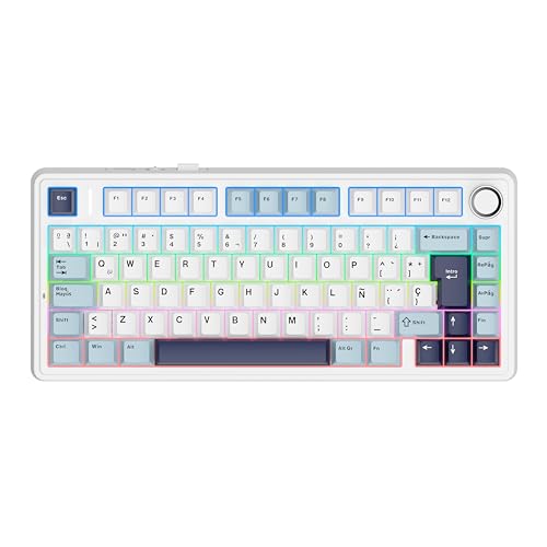 Image of EPOMAKER Aula F75 ISO-ES Wireless Mechanical Gaming Keyboard, 75% Spanish Layout with Knob, Creamy Gasket, Sound-Dampening, RGB, Hot-Swap, BT /2.4Ghz (Light Blue)