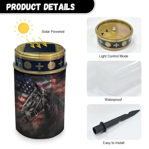 Image of American Flag Horse LED Solar Lights for Patriotic Landscape Waterproof Solar Light 4th of July Solar Power Light Flameless Candle for Cemetery Grave Memorial Decor 2 Pcs