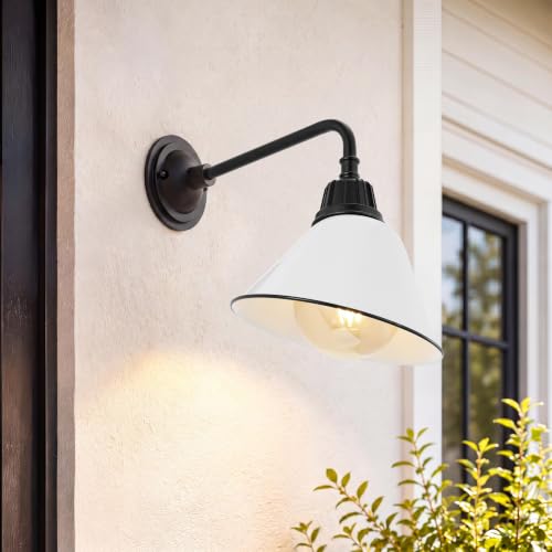 Image of JONATHAN Y Croydon 1-Light Gooseneck Barn Sconce 9.63 inch, White | Metal Bell Shade, Farmhouse Industrial Wall Fixture, Indoor or Outdoor, LED Bulb Included, Dimmable, For Porch, Patio
