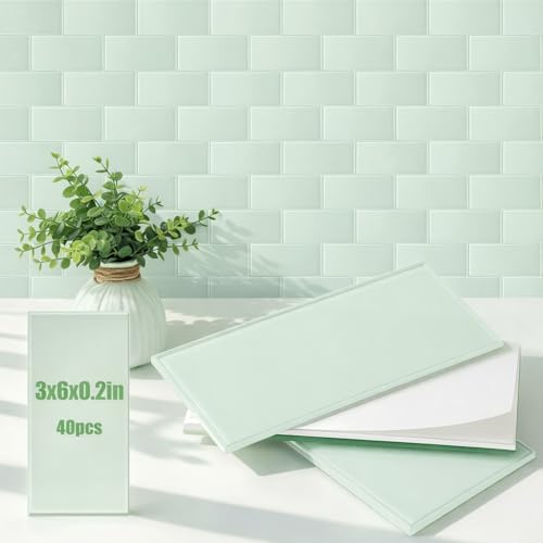 Joyfolk 40 Pack 3 x 6 Inch Glass Subway Tile Peel and Stick Subway Tile Bulk 5 Sq ft Light Green for Bathroom Kitchen Backsplash Wall Indoor DIY Living Room Laundry Fireplace Stove Home Decor