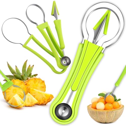Image of 4-in-1 Melon Baller Scoop Set - Stainless Steel Fruit Scooper, Carving Knife, Digging Spoon & Cutter Tool for DIY Fruit Salad, Ice Cream, Cake Decorating & Dessert Presentation