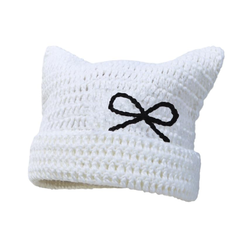 Fairycore - Gorros de ganchillo para mujer, bonitos gorros Kawaii con orejas de gato, gorros de punto estéticos, Blanco, Talla única