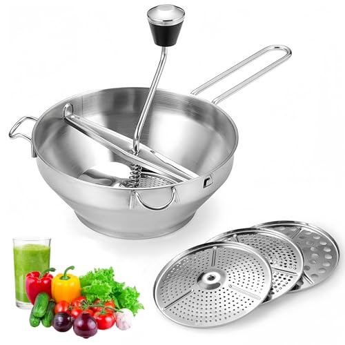 Passiergerät Edelstahl Passiermühle mit 3x Siebeinsatz Einfaches Mahlen Kartoffelstampfer Classic Manuelle Gemüsemühle Suppe Marmelade Baby Brei Saucen Besonders einfache Reinigung