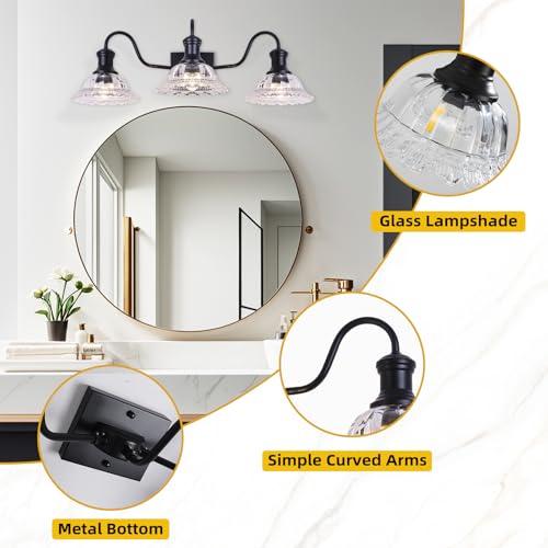 Image of Vintage Bathroom Light Fixtures, 3-Light Matte Black Vanity Light with Flower Glass Shade, Bathroom Lighting Fixtures Over Mirror for Bedroom, Dressing Table