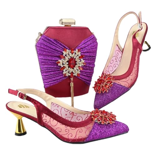 Chaussures de mariage à talon bas et pochette violette pour danser sans douleur