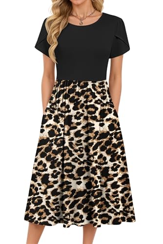 MOLERANI Damen Sommerkleid - Blütenblatt Ärmel Rundhals Freizeitkleid Knielang Loose Swing Damenkleid Casual Tunika Kleid mit Tasche Braun Schwarz Leopard S 1