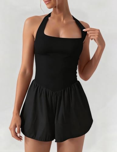 AJISAI Halter Athletic Romper with Shorts Workout Outfits with Pockets Casual One Piece Jumpsuits for Women 2026 Black XL — view 3