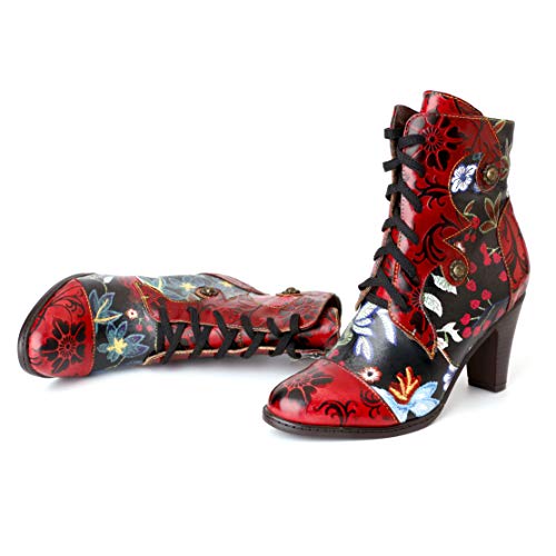 CrazycatZ Damen Mid Calf Stiefeletten mit Absatz Leder Chelsea Kurze Stiefel Handgefertigte Gestickt Bunte Patchwork Gestickte Blumen Vintage Stiefeletten (Rot, 39) Cover