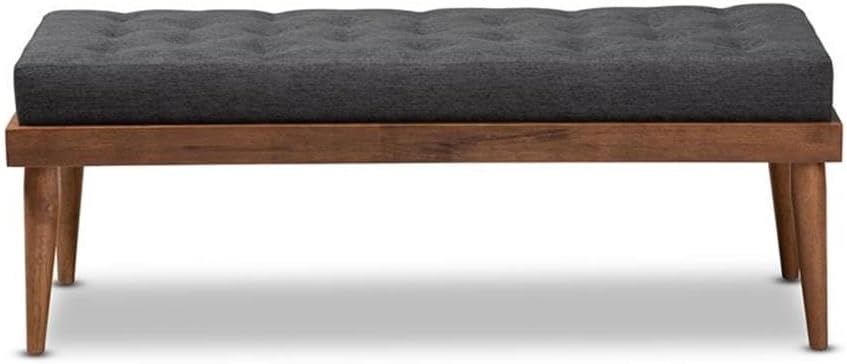 BOWERY HILL Mid-Century Upholstered Tufted Wood Bench, Dark Gray Polyester Fabric, Walnut Brown Finish, 47.2" Wide, Solid Rubberwood Construction, Button Tufted Seat, Living Room Seating with Angled