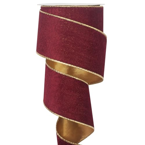 2.5 inch Burgundy Wired Velvet Ribbon for Christmas Tree 10 Yards Wine and Gold Wired Ribbon Dark Red Vintage Ribbons for Gift Wrapping Wreaths Crafts Topper Bow Wedding Decoration Garland