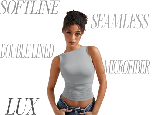 Image of SIGHTBOMB SOFTLINE Feather Touch Double Lined Boat Neck Ruched Waist Microfiber Cuddle Baby Sleeveless TEE for Women