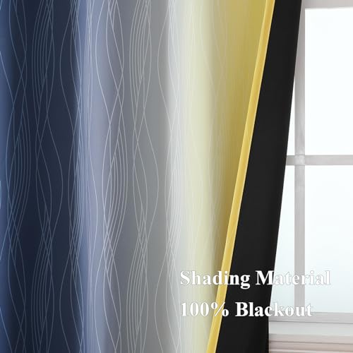 Estelar Textiler Navy Blue and Yellow Ombre Blackout Curtains 54 Inch Length 2 Panels, Full Room Darkening Gradient Drapes for Kitchen, Thermal Insulated Grommet Short Curtains for Bedroom,42Wx54L