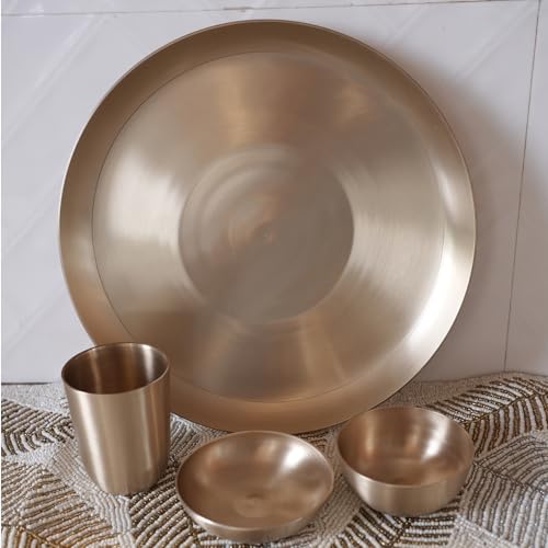 Image of Pure Kansa Family Dinner Set of 30 Pieces | Bronze Thali Set 12 Inch Plate, 2 Bowls, 1 Glass, 1 Spoon | Handcrafted Ayurvedic Kansa Utensils | Matte Finish | Gift for Diwali Wedding Housewarming