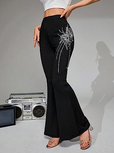 SweatyRocks Women's High Waist Flare Leg Pants Elastic Waist Butterfly Pattern Pants3