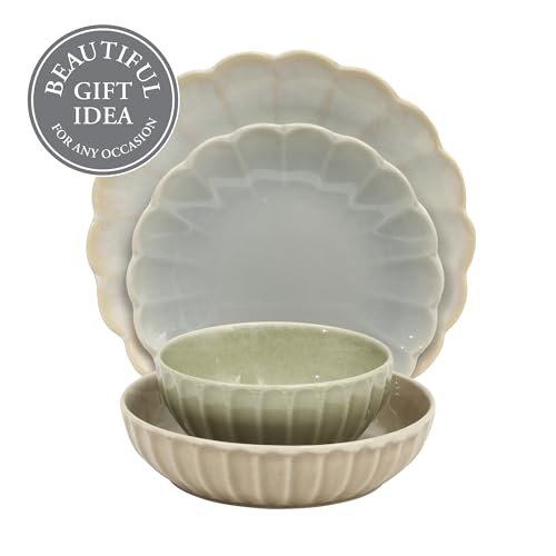 Image of Gibson Elite Malibu Shore 16 Piece Scallop Stoneware Reactive Glaze (Service for 4) Ceramic Plates and Bowls Dinnerware Set - Assorted Color (Shiny Cream White, Blue, Cream, Terracotta)