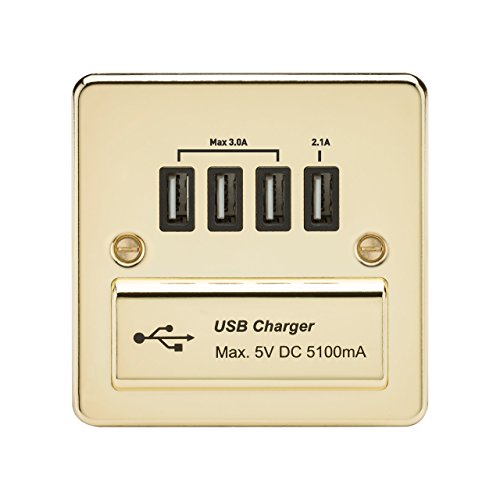 Knightsbridge Flat Plate Quad USB Charger in Polished Brass with Black Insert, Polished Brass - Black Insert