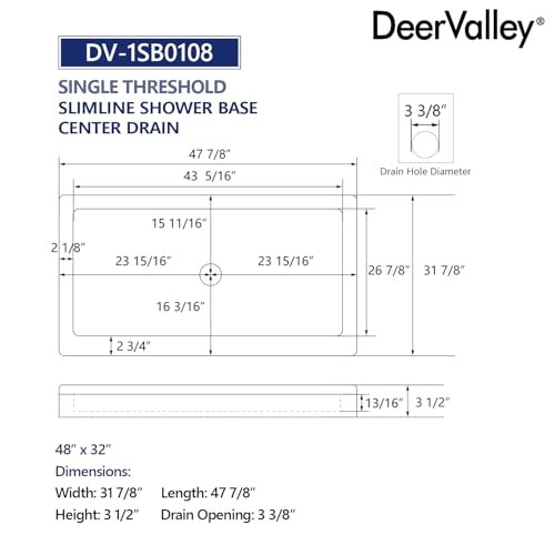Image of DeerValley 48 inchL X 32 inchW Center Drain Shower Base in White