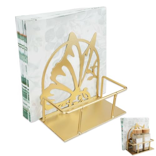 Napkin Holder for Table, Metal Napkin Dispenser, Standing Paper Napkin Storage with Salt and Pepper Shakers Caddy Base for Home Kitchen Table Counter Top Picnic Restaurants Cafe Decor(Butterfly Gold)