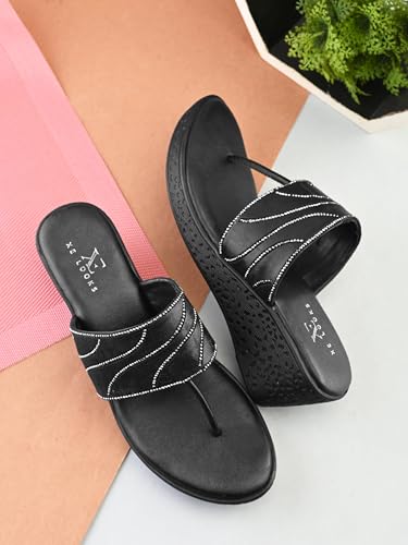 Image of XE Looks Wedge Thong Sandals for Women | Pleated Upper Strap with Subtle Rhinestone Detail | Cushioned Footbed & Slip-On Low Wedge Heel | Lightweight All-Day Comfort