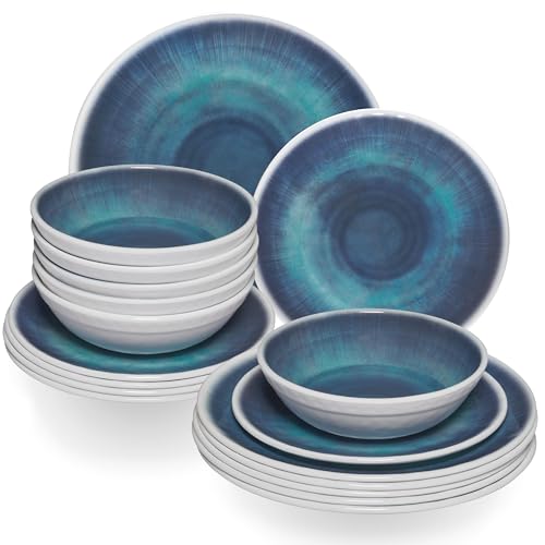 Jesolo Set de vaisselle en mélamine pour 6 personnes – 18 pièces – Aspect grès Passe au lave-vaisselle Vaisselle de camping Camping Camping Festival Pique-nique Jardin Party