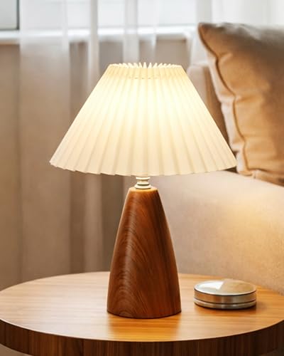 Image of Homesake Wood Grain Pattern Small Table Lamp, Desk Light, Wooden Bedroom Lamps for Nightstand, Scalloped Lamp Shade Table Lamps Small Spaces, Bedroom, Living Room, Taper Cone, (Pleated White)