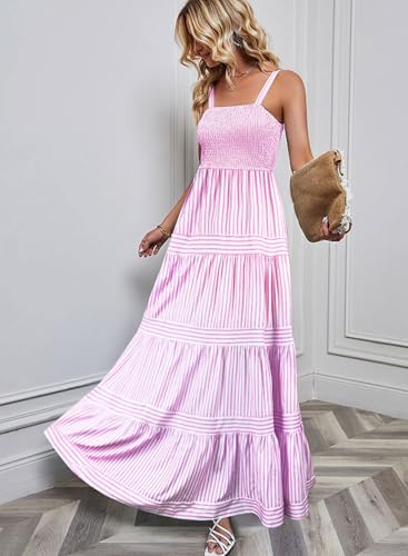 Image of Maxi Dresses for Women 2025 Summer Pink Striped Long Sundresses Casual Flowy Sexy Spaghetti Strap Smocked Sleeveless Empire Waist Beach Vacation Trendy Sun Dress