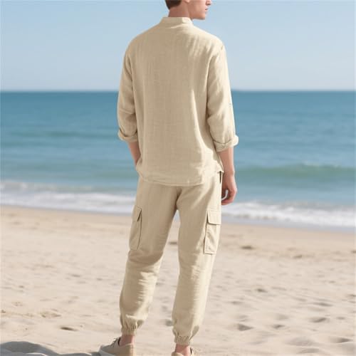 Men's Fashion 2 Piece Linen Shirts Suit Long Sleeve Button Down Matching Set Casual Beach Outfits3