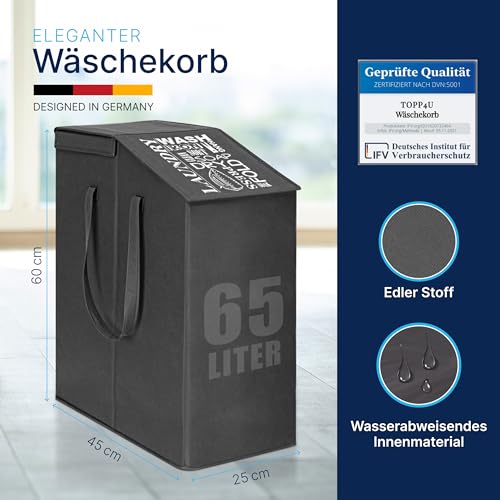 TOPP4u schmaler Wäschekorb mit Deckel - 65 L - 25 x 45 x 60 cm - Faltbarer Nischen-Wäschesammler - platzsparende Wäschetonne - Wäsche-Organizer Grau