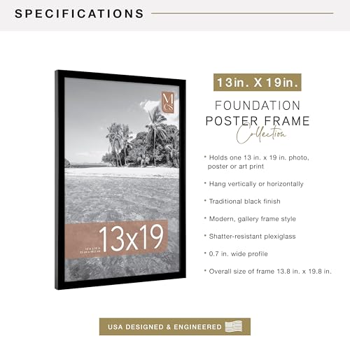 Image of MCS Foundation 13x19 Poster Frame Traditional Black, Vertical & Horizontal Wall Hanging Large Picture Frame for Photos, Posters & Art Prints (1-Pack)