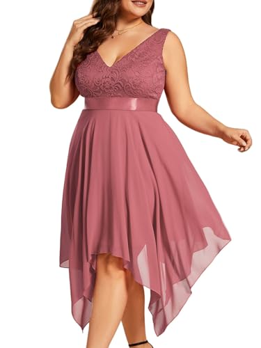 Image of Ever-Pretty Plus Women's V Neck Sleeveless Asymmetric Hem Lace Chiffon Short Summer Plus Size Wedding Guest Dresses Cameo Brown US26