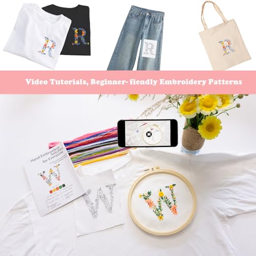 Image of Topapfo Stick and Stitch Letter R Embroidery Kit for Clothing, Beginners Alphabet Embroidery Pattern Stanilizer Needlepoint Transfers for Tote Bags Shirts Jeans Adult Crafts